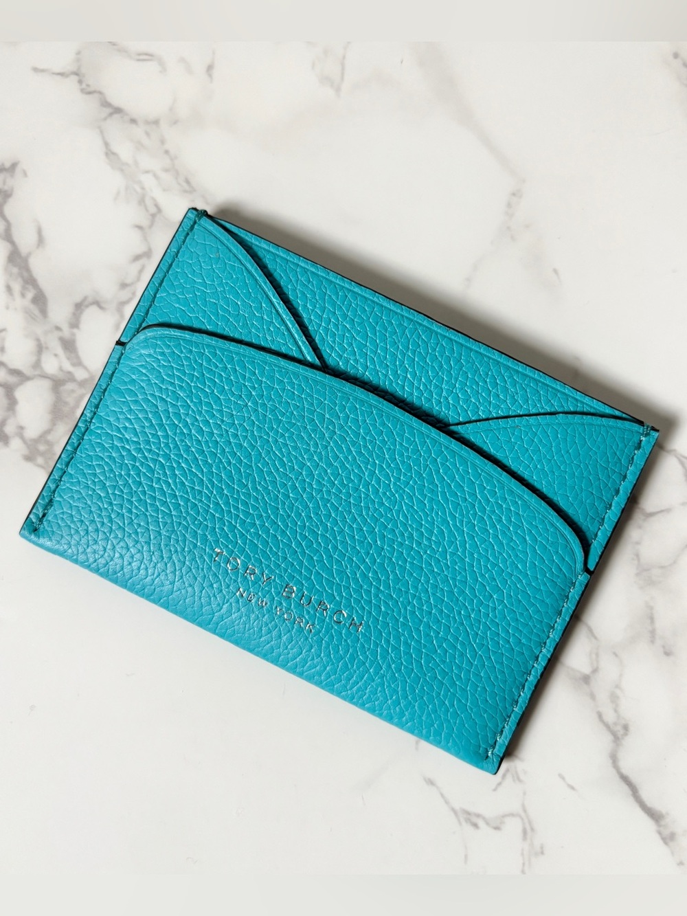 New Tory Burch Romy Slim Card Case Leather Turquoise Aqua Blue